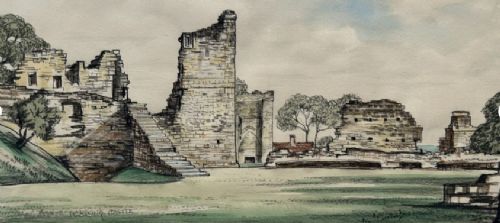 A 1934 watercolour painting depicting the stone ruins and courtyard of Pickering Castle under a light sky. View VII