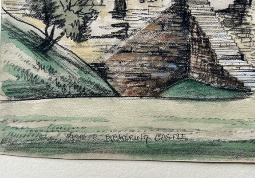 A 1934 watercolour painting depicting the stone ruins and courtyard of Pickering Castle under a light sky. View VIII