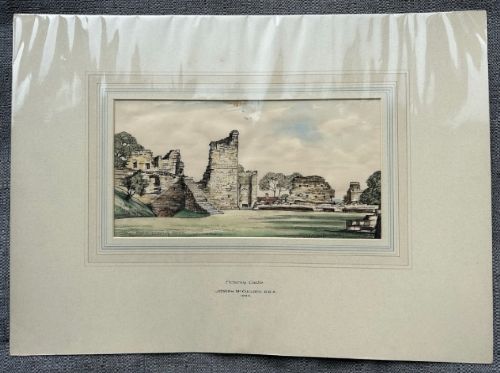 A 1934 watercolour painting depicting the stone ruins and courtyard of Pickering Castle under a light sky. View XI