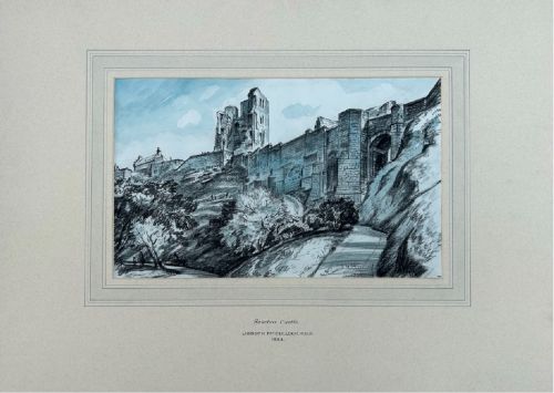 fig 1. A 1934 monochrome blue watercolour and ink drawing depicting Scarborough Castle ruins atop a hillside with stone curtain walls and pathways.