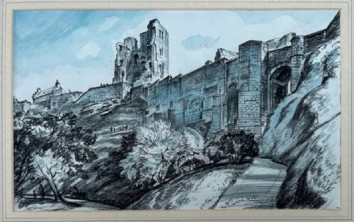 A 1934 monochrome blue watercolour and ink drawing depicting Scarborough Castle ruins atop a hillside with stone curtain walls and pathways. View III