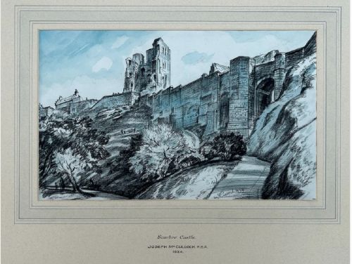 A 1934 monochrome blue watercolour and ink drawing depicting Scarborough Castle ruins atop a hillside with stone curtain walls and pathways. View IV