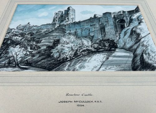 A 1934 monochrome blue watercolour and ink drawing depicting Scarborough Castle ruins atop a hillside with stone curtain walls and pathways. View VI