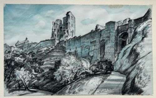 A 1934 monochrome blue watercolour and ink drawing depicting Scarborough Castle ruins atop a hillside with stone curtain walls and pathways. View VII