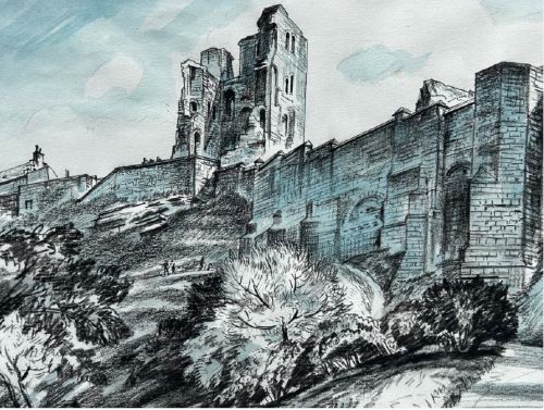 A 1934 monochrome blue watercolour and ink drawing depicting Scarborough Castle ruins atop a hillside with stone curtain walls and pathways. View VIII