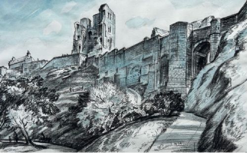 A 1934 monochrome blue watercolour and ink drawing depicting Scarborough Castle ruins atop a hillside with stone curtain walls and pathways. View IX