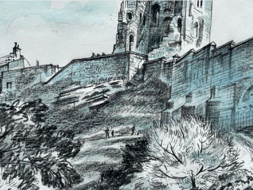 A 1934 monochrome blue watercolour and ink drawing depicting Scarborough Castle ruins atop a hillside with stone curtain walls and pathways. View X