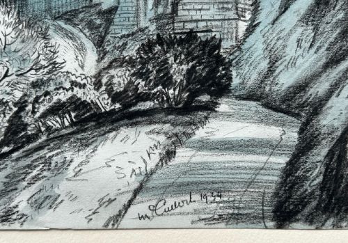 A 1934 monochrome blue watercolour and ink drawing depicting Scarborough Castle ruins atop a hillside with stone curtain walls and pathways. View XI