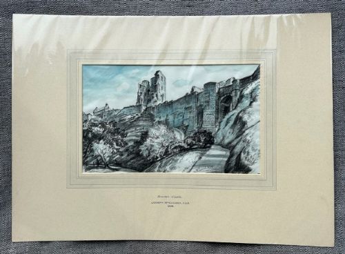 A 1934 monochrome blue watercolour and ink drawing depicting Scarborough Castle ruins atop a hillside with stone curtain walls and pathways. View XII