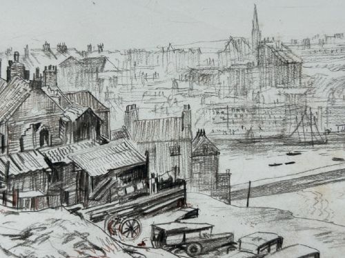 fig 1. A pair of mounted monochrome graphite pencil drawings depicting coastal buildings and cliffs in Whitby, signed and dated 1934.