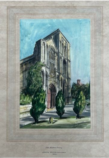 fig 1. An early 20th-century watercolour painting depicting the stone facade of Old Malton Priory under a clear blue sky surrounded by green trees.