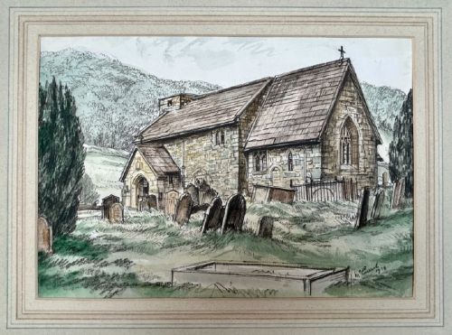 fig 1. A 1934 watercolour and ink painting depicting St Hildas stone church and churchyard in Ellerburn, North Yorkshire, set against hills.