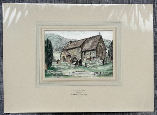 A 1934 watercolour and ink painting depicting St Hildas stone church and churchyard in Ellerburn, North Yorkshire, set against hills. View IV