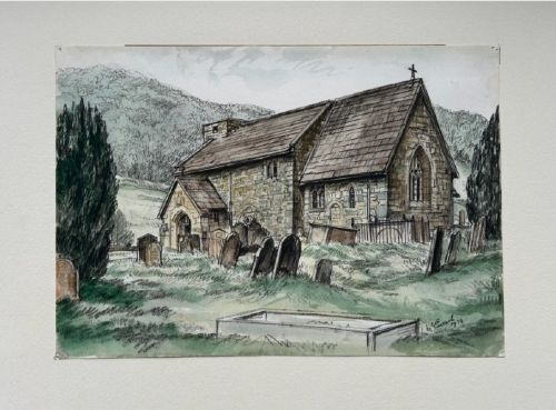 A 1934 watercolour and ink painting depicting St Hildas stone church and churchyard in Ellerburn, North Yorkshire, set against hills. View V