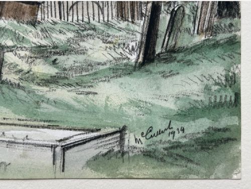 A 1934 watercolour and ink painting depicting St Hildas stone church and churchyard in Ellerburn, North Yorkshire, set against hills. View VI