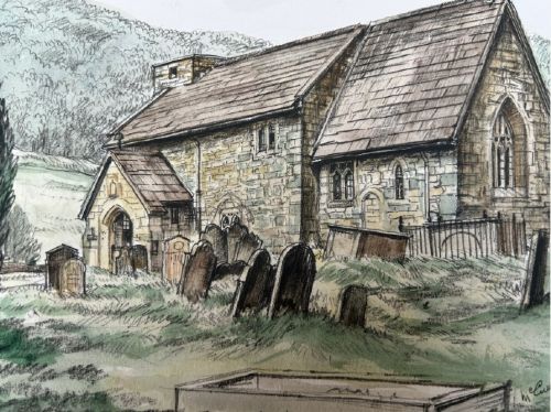 A 1934 watercolour and ink painting depicting St Hildas stone church and churchyard in Ellerburn, North Yorkshire, set against hills. View VII