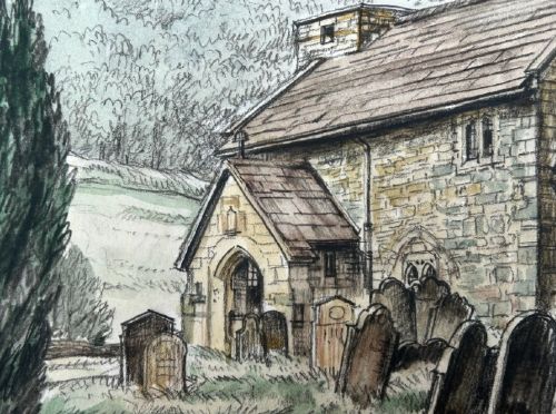 A 1934 watercolour and ink painting depicting St Hildas stone church and churchyard in Ellerburn, North Yorkshire, set against hills. View VIII