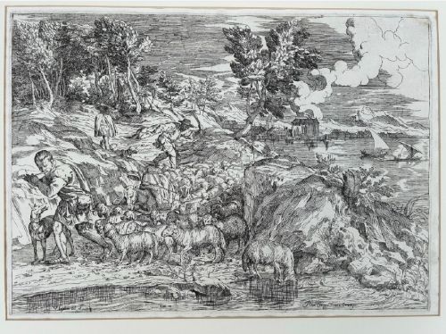 Valentin Lefebre After Titian 1682 Original 17th Century Etching Engraving Opera Selectiora Shepherds