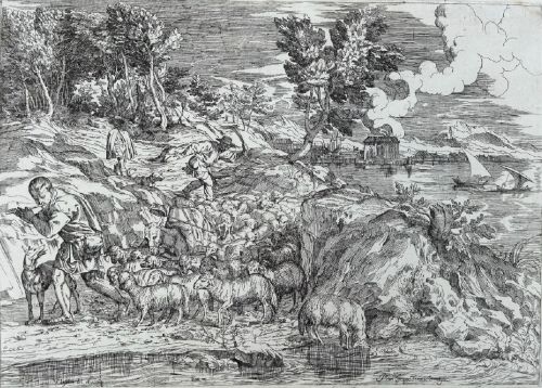 fig 2. A seventeenth-century monochrome etching portraying a pastoral scene of shepherds tending a flock of sheep along a coastal landscape.
