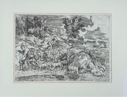 fig 4. A seventeenth-century monochrome etching portraying a pastoral scene of shepherds tending a flock of sheep along a coastal landscape.