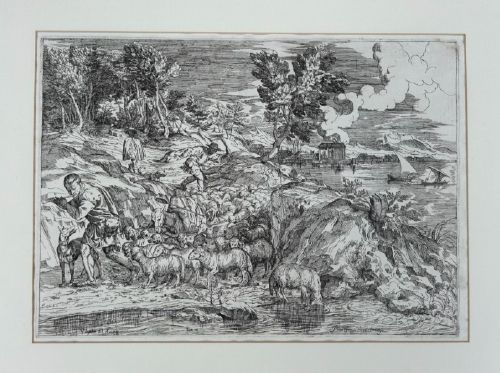 A seventeenth-century monochrome etching portraying a pastoral scene of shepherds tending a flock of sheep along a coastal landscape. View V
