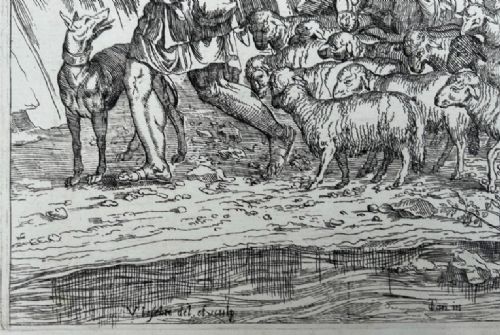 A seventeenth-century monochrome etching portraying a pastoral scene of shepherds tending a flock of sheep along a coastal landscape. View VI