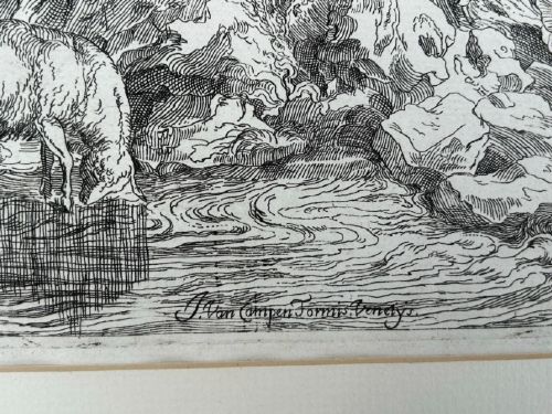 A seventeenth-century monochrome etching portraying a pastoral scene of shepherds tending a flock of sheep along a coastal landscape. View VII