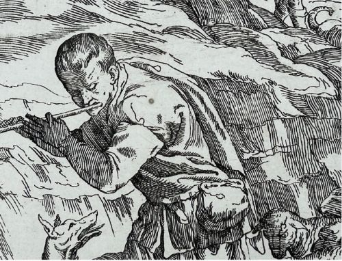 A seventeenth-century monochrome etching portraying a pastoral scene of shepherds tending a flock of sheep along a coastal landscape. View VIII