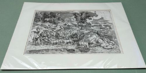 A seventeenth-century monochrome etching portraying a pastoral scene of shepherds tending a flock of sheep along a coastal landscape. View XI