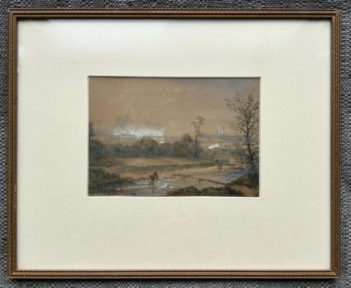 fig 1. An atmospheric mid-19th-century watercolour landscape painting depicting a river crossing with figures and distant architecture beneath a clouded sky.