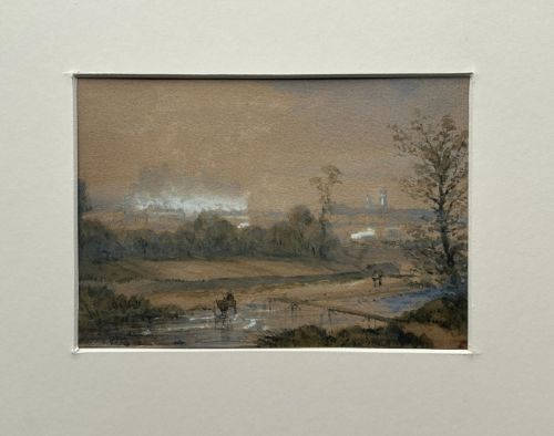 fig 2. An atmospheric mid-19th-century watercolour landscape painting depicting a river crossing with figures and distant architecture beneath a clouded sky.