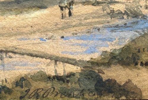 fig 3. An atmospheric mid-19th-century watercolour landscape painting depicting a river crossing with figures and distant architecture beneath a clouded sky.