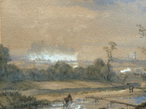 An atmospheric mid-19th-century watercolour landscape painting depicting a river crossing with figures and distant architecture beneath a clouded sky. View V