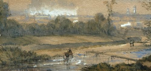 An atmospheric mid-19th-century watercolour landscape painting depicting a river crossing with figures and distant architecture beneath a clouded sky. View VI