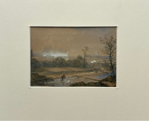 An atmospheric mid-19th-century watercolour landscape painting depicting a river crossing with figures and distant architecture beneath a clouded sky. View VII