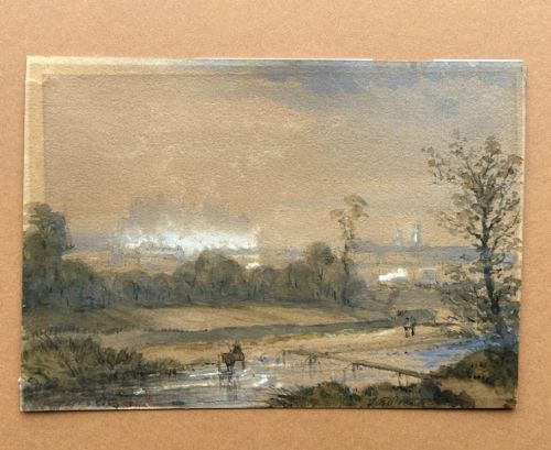 An atmospheric mid-19th-century watercolour landscape painting depicting a river crossing with figures and distant architecture beneath a clouded sky. View IX