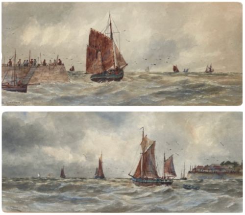 William Cannon 1902 Signed Pair of Original Early 20th Century Antique Watercolour Paintings Fishing Boats British Seascape
