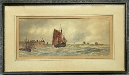 fig 1. A pair of horizontal early 20th-century watercolour paintings depicting sailing vessels and fishing boats on choppy coastal waters under overcast skies.
