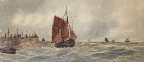 fig 2. A pair of horizontal early 20th-century watercolour paintings depicting sailing vessels and fishing boats on choppy coastal waters under overcast skies.