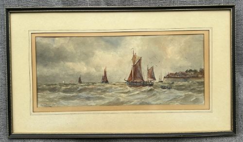 fig 3. A pair of horizontal early 20th-century watercolour paintings depicting sailing vessels and fishing boats on choppy coastal waters under overcast skies.