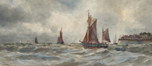 A pair of horizontal early 20th-century watercolour paintings depicting sailing vessels and fishing boats on choppy coastal waters under overcast skies. View V