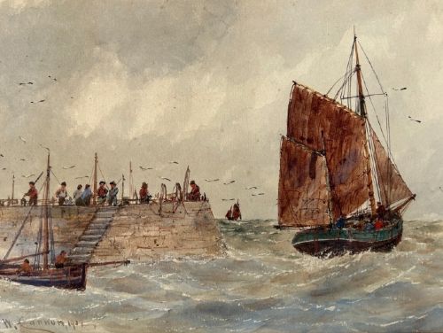 A pair of horizontal early 20th-century watercolour paintings depicting sailing vessels and fishing boats on choppy coastal waters under overcast skies. View VI