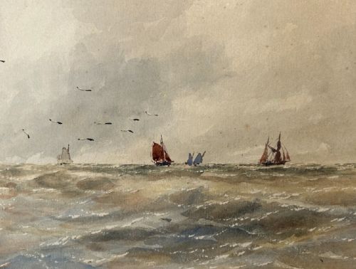A pair of horizontal early 20th-century watercolour paintings depicting sailing vessels and fishing boats on choppy coastal waters under overcast skies. View VII
