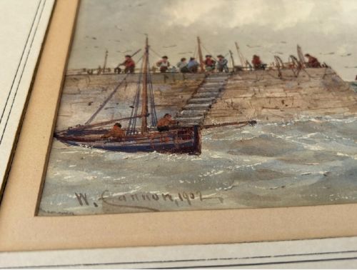 A pair of horizontal early 20th-century watercolour paintings depicting sailing vessels and fishing boats on choppy coastal waters under overcast skies. View VIII