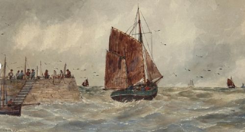A pair of horizontal early 20th-century watercolour paintings depicting sailing vessels and fishing boats on choppy coastal waters under overcast skies. View IX