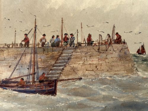 A pair of horizontal early 20th-century watercolour paintings depicting sailing vessels and fishing boats on choppy coastal waters under overcast skies. View X