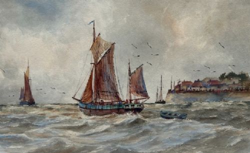 A pair of horizontal early 20th-century watercolour paintings depicting sailing vessels and fishing boats on choppy coastal waters under overcast skies. View XII