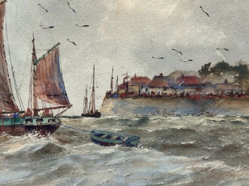 A pair of horizontal early 20th-century watercolour paintings depicting sailing vessels and fishing boats on choppy coastal waters under overcast skies. View XIII