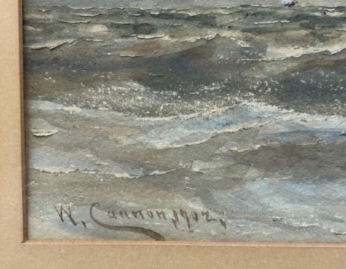A pair of horizontal early 20th-century watercolour paintings depicting sailing vessels and fishing boats on choppy coastal waters under overcast skies. View XIV