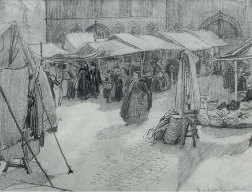 Henry Percy Huggill Signed Original Early 20th Century Pencil Drawing Bruges Market Belgium Abbott & Holder